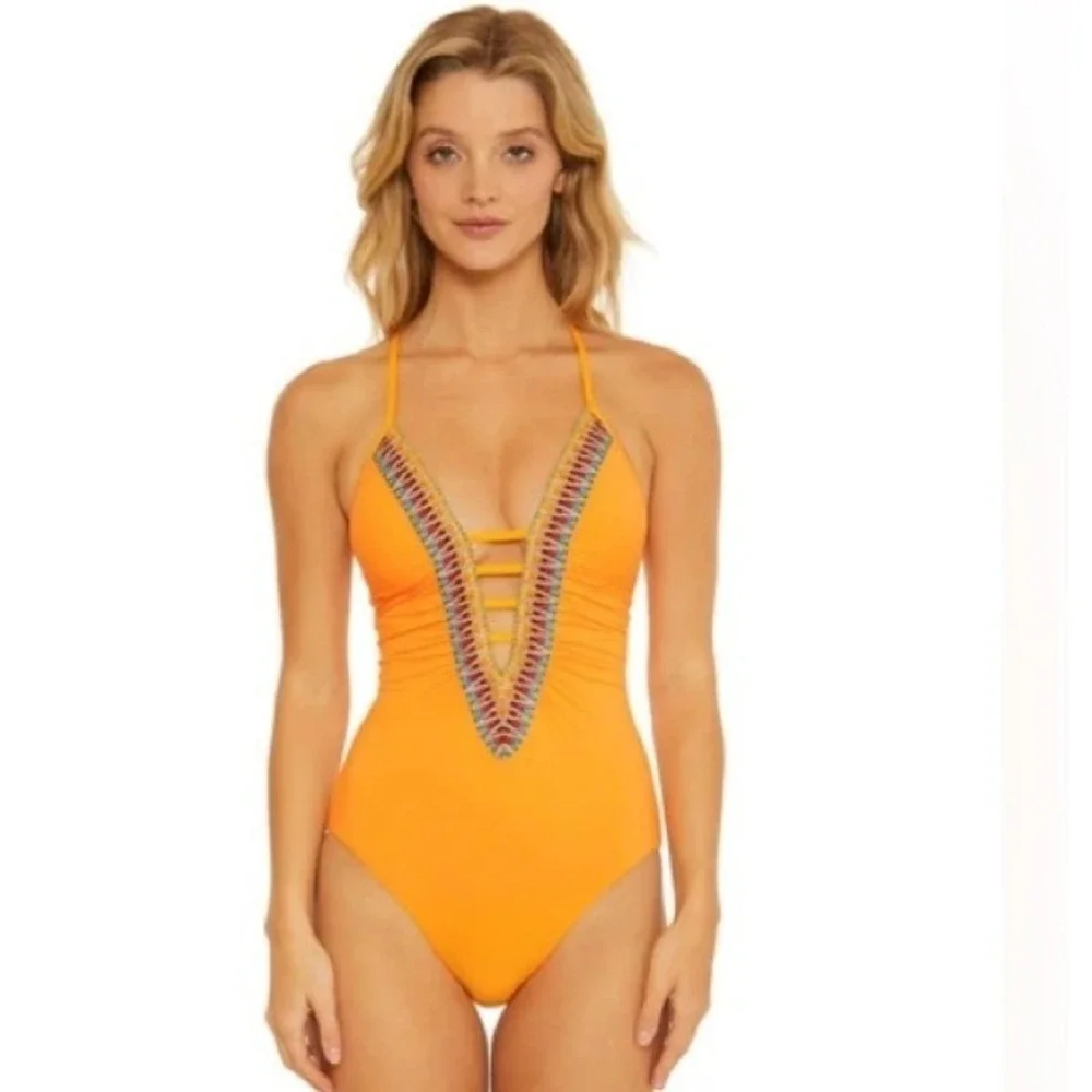 BECCA Fiesta Clare Plunge Embroidered  Pool Vacation Resort One Piece Swimsuit S